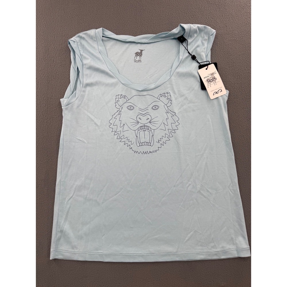 Raffi Aqua Cotton Tank Top S Pastel Tiger Graphic V-Neck Luxury Italian Designer